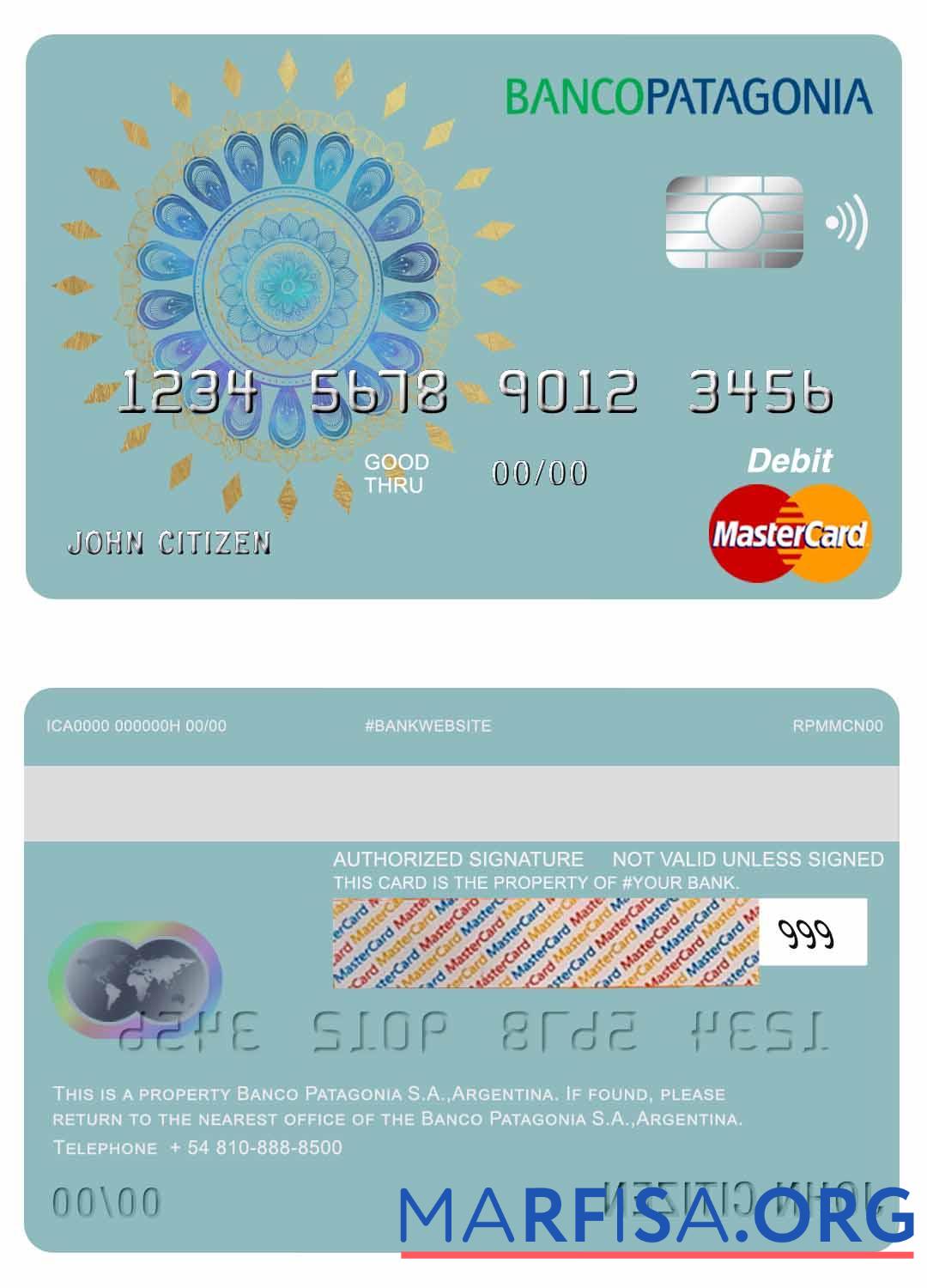 Blank Argentina Banco Patagonia S.A. bank mastercard debit card sample